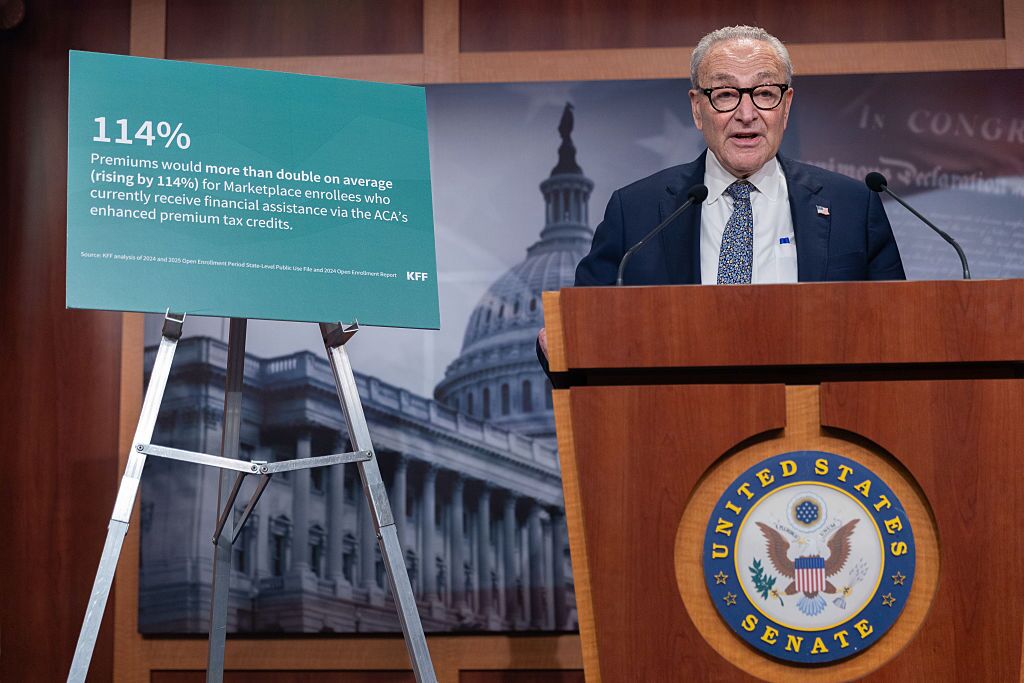 Senate Minority Leader Chuck Schumer, D-N.Y., speaks at a press conference in Washington, D.C., on Tuesday with other members of Senate Democratic leadership following two failed votes to fund the government.